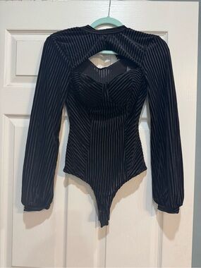 Black Velvet Striped Long Sleeve Bodysuit